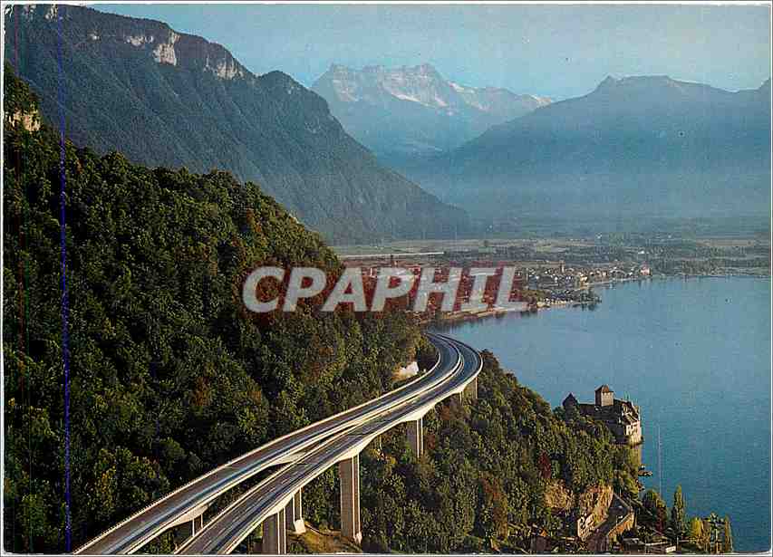 CPM Montreux autoroute du Leman chateau de chillon villeneuve et les Dents di Midi