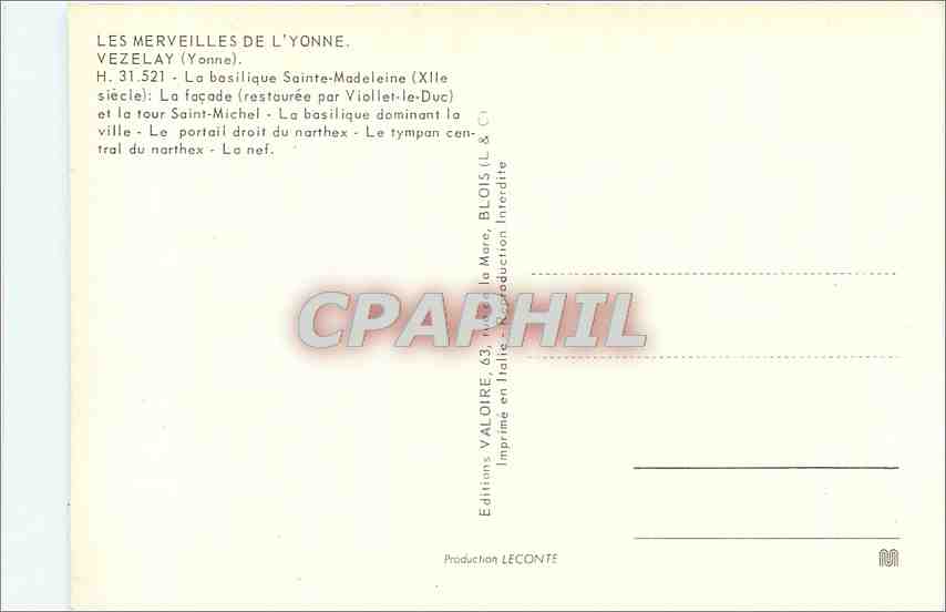 Basilique de Vézelay — Les merveilles de l'Yonne — Éditions Valoire — Rückseite