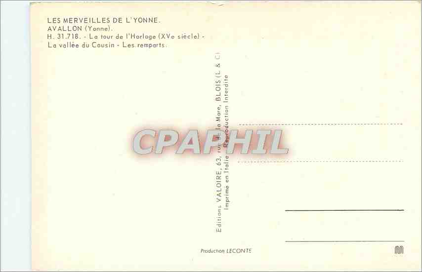 Avallon — vue panoramique — Editions LECONTE, n° H.31.718 — Verso