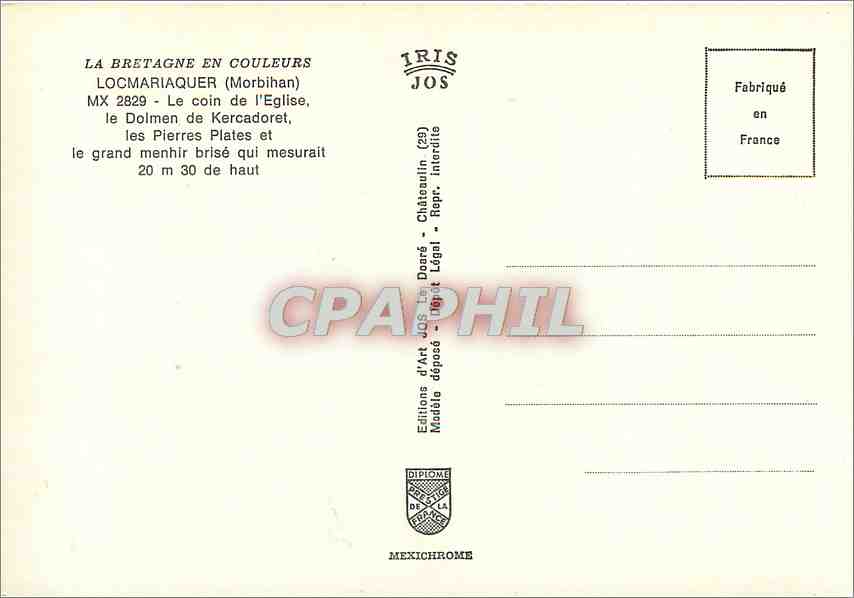 Locmariaker — Église, dolmen, pierres plates et menhir — Éditions d'Art JOS — Rückseite