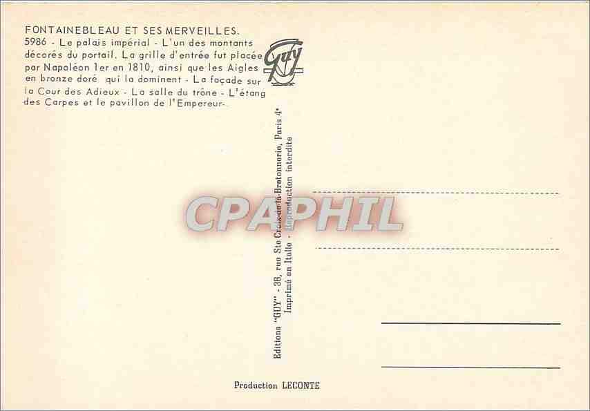 Fontainebleau — Palacio imperial, puerta de entrada, sala del trono, estanque — Ediciones Guy — Reverso