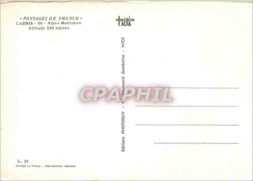 CPM Paysages de France Cabris Alpes Maritimes Alt 550 m — Rückseite