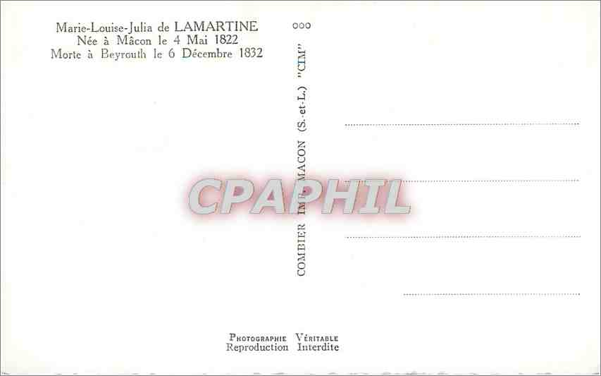CPM Marie Louise Julia de Lamartine Nee a Macon le 4 Mai 1822 Morte a Beyrouth le 6 decembre 1832 — Rückseite