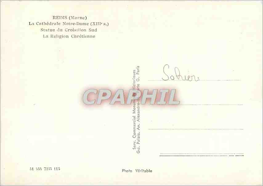 CPM Reims (Marne) La cathedrale Notre Dame(XIIIe s) Statue du Croisillon sud la religion Chretienne — Verso