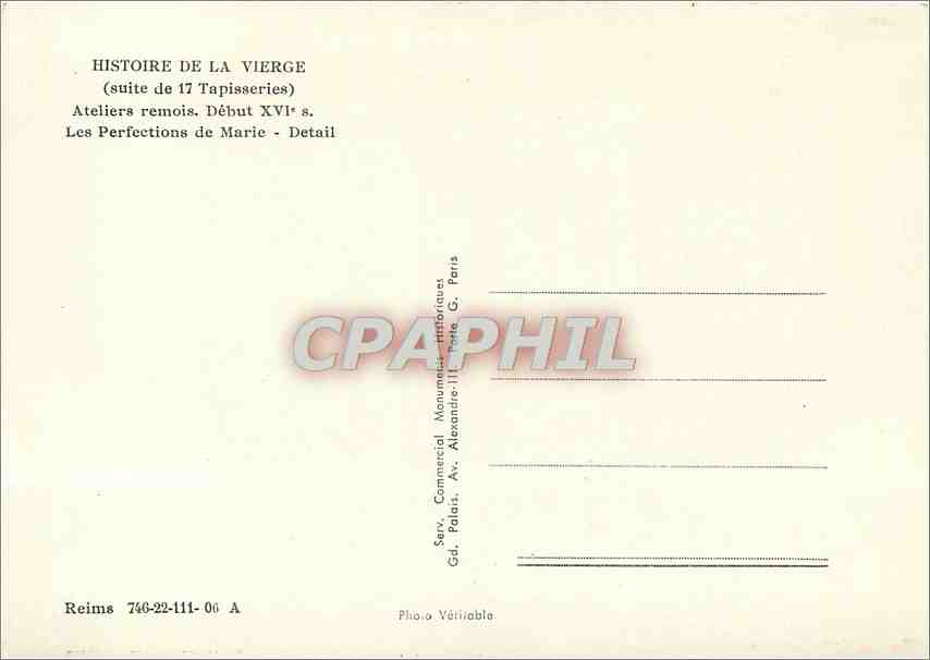 CPM Histoire de la vierge (Suite de 17 Tapiseries) Ateliers remois debut XVIe s Les Perfections de M — Rückseite
