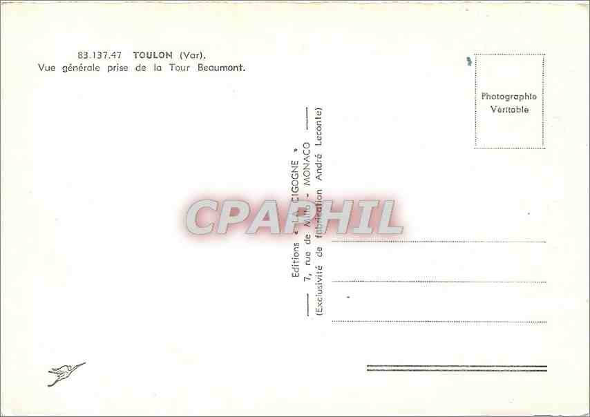 CPM Toulon (Var) vue generale prise de la Tour Beaumont — Rückseite