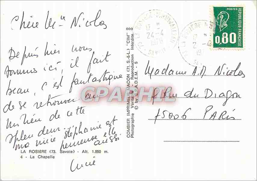 CPM La Rosiere (Savoie) Alt 1850 m la Chapelle — Rückseite