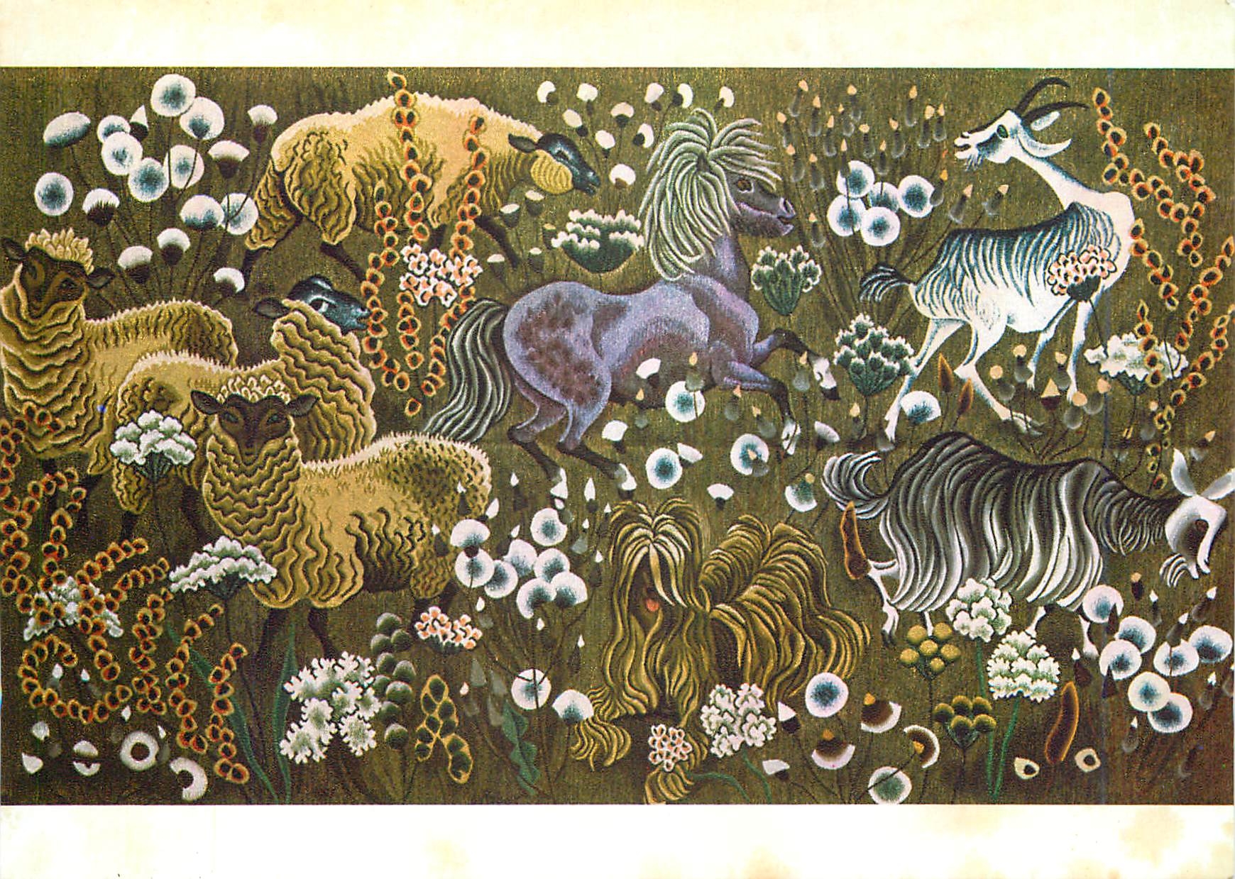 CPM Avril Douce Esperance Tapisserie de Dom Robert Chevre Mouton Agneau Cheval