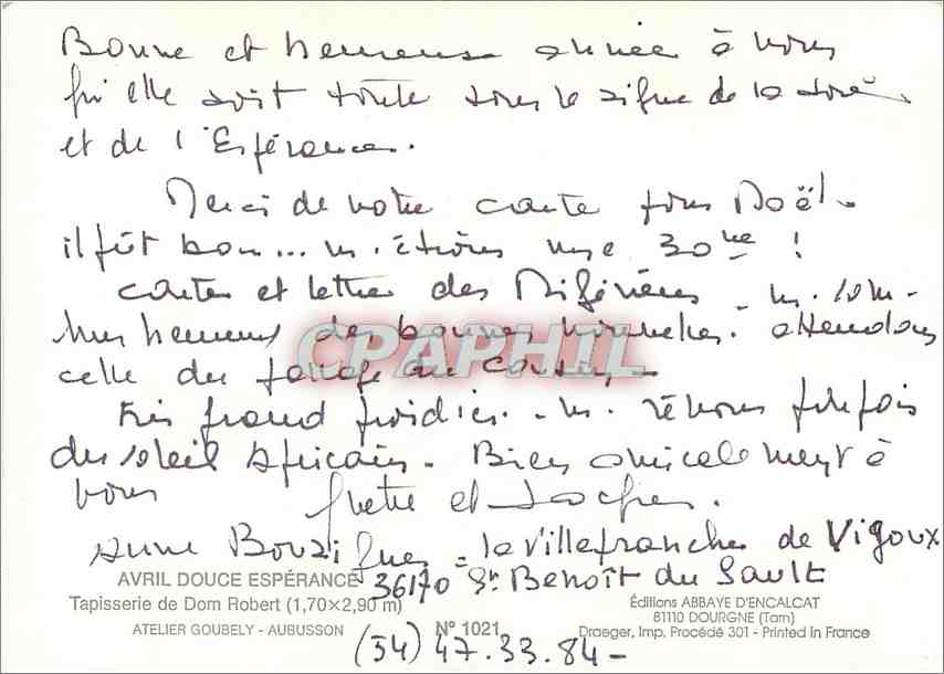 CPM Avril Douce Esperance Tapisserie de Dom Robert Chevre Mouton Agneau Cheval — Rückseite