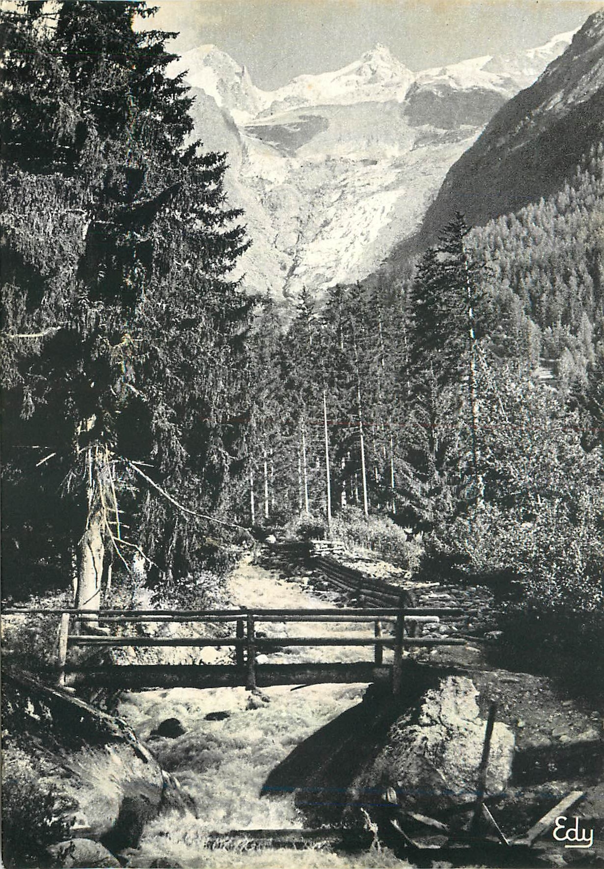 Pont en bois — vallée enneigée — Edy