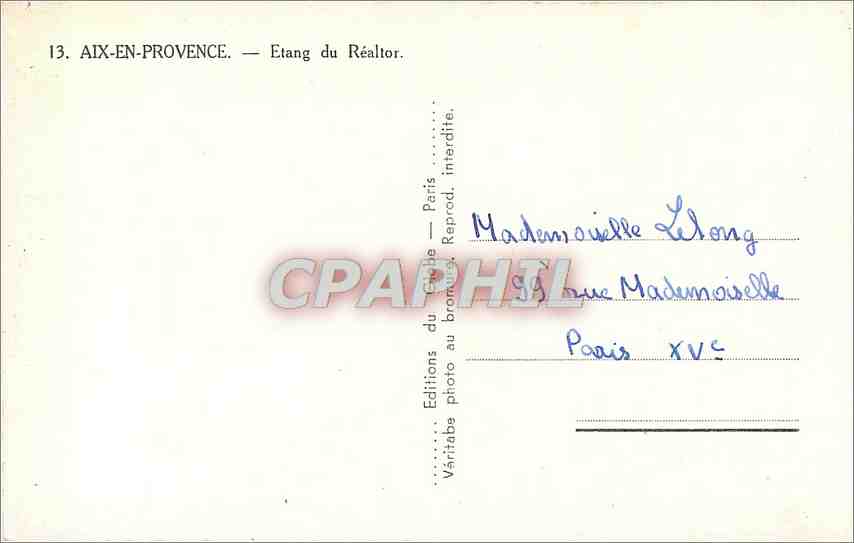 Aix-en-Provence — Etang du Réaltor — Éditions du Globe, Paris — Rückseite