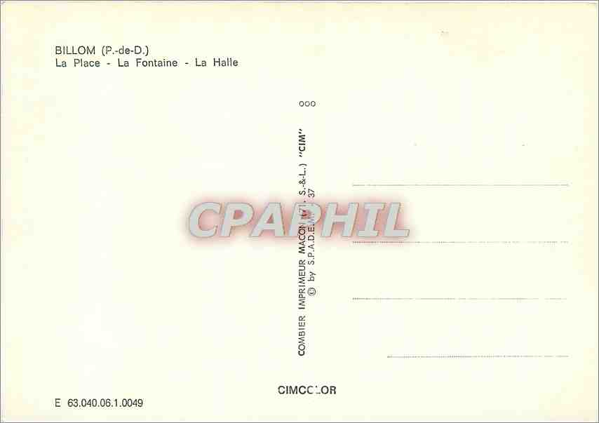 CPM Billlom (P de D) La Place la Fontaine la Halle — Verso