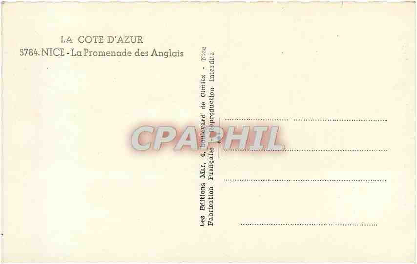 CPM La Cote d'Azu Nice La Promenade des Anglais — Rückseite