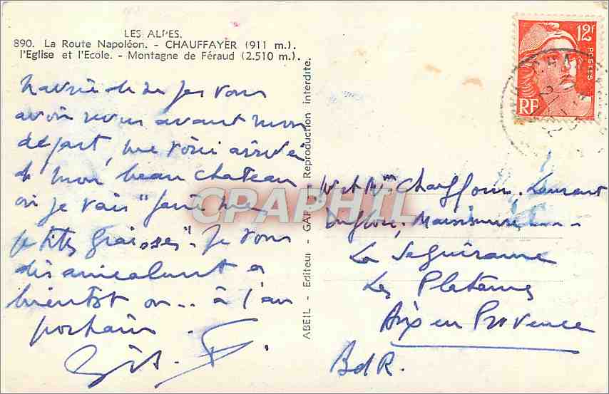 CPM Les Alpes La route Napoleon Chauffayer (911m) — Verso