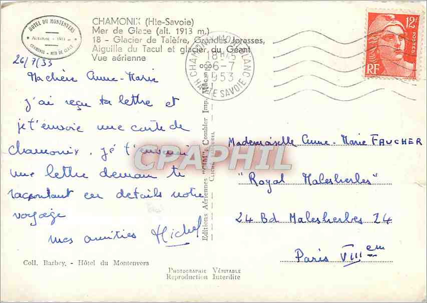 CPM Chamonix (Hte Savoie) Mer de Glace (alt 1913m) — Verso