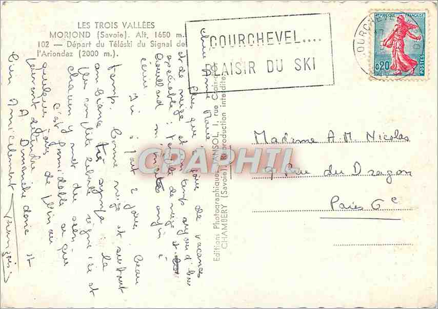 Les Three Valleys — Courchevel — Abfahrt des Téléski du Signal de l'Ariondaz — Éditions Photographiques ANSOL (Savoie) — Rückseite