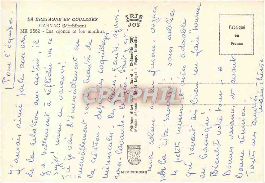 CPM La Bretagne en Coulleurs Carnac (Morbihan) Les Ajoncs et les menhirs — Rückseite