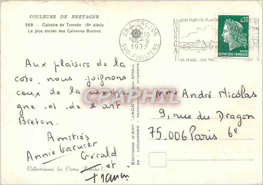 CPM Couleurs de Bretagne Calvaire de Tronoen 15 e s le plus ancien des calvaire Bretons — Verso