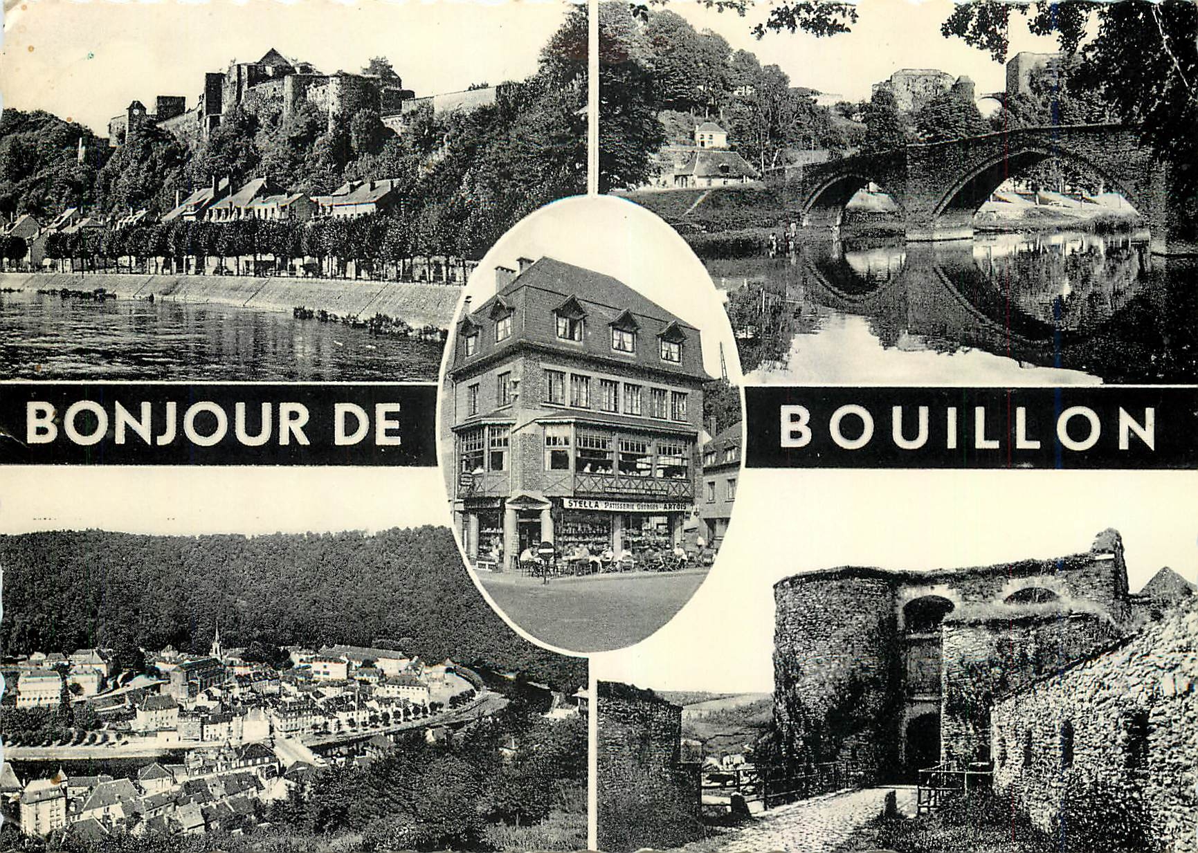 Bouillon — vue panoramique avec château, pont, hôtel et ruines — photolithographie