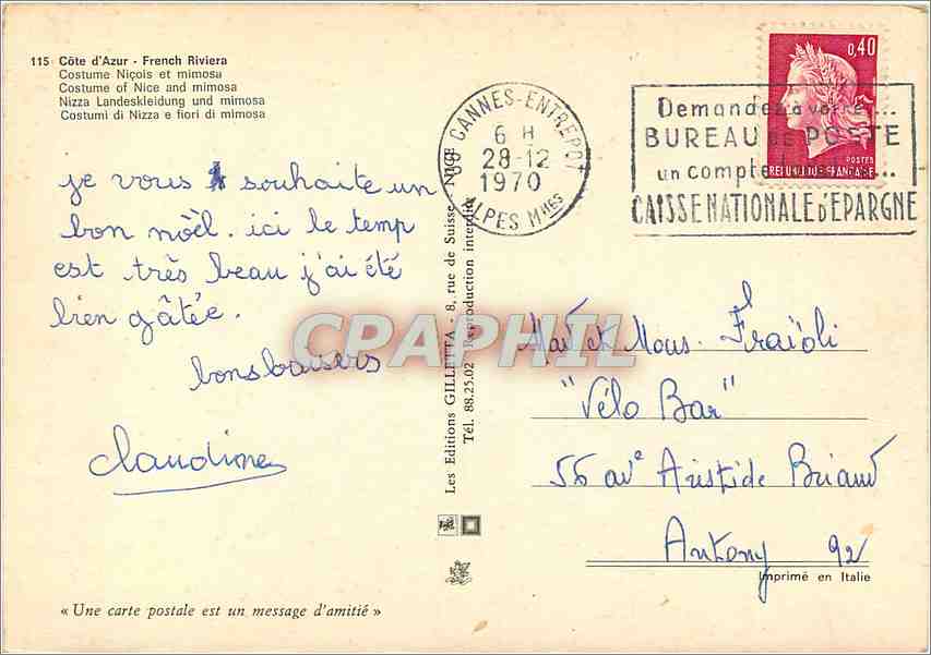 CPM Cote d'Azur French Riviera Costume Nicois et mimosa — Verso