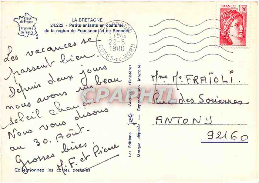 CPM La Bretagne Petits enfants en costume de la region de Fouesnant et de Benodet Folklore — Back