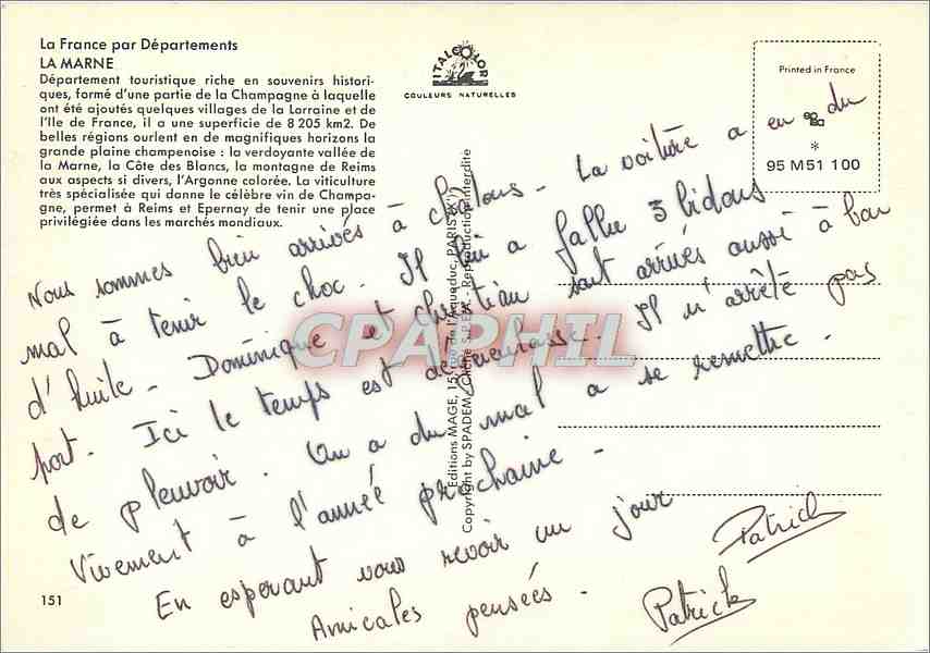 CPM La France Par departement La Marne — Rückseite
