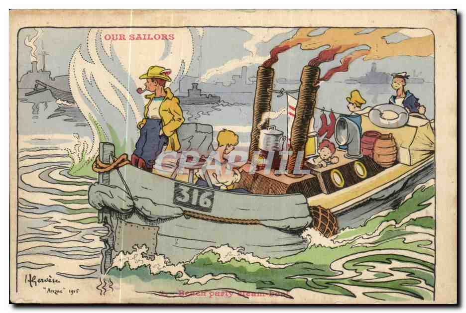 Our Sailors-Fantaisie-Humour-Bateau- Beach party steam boat -CPA