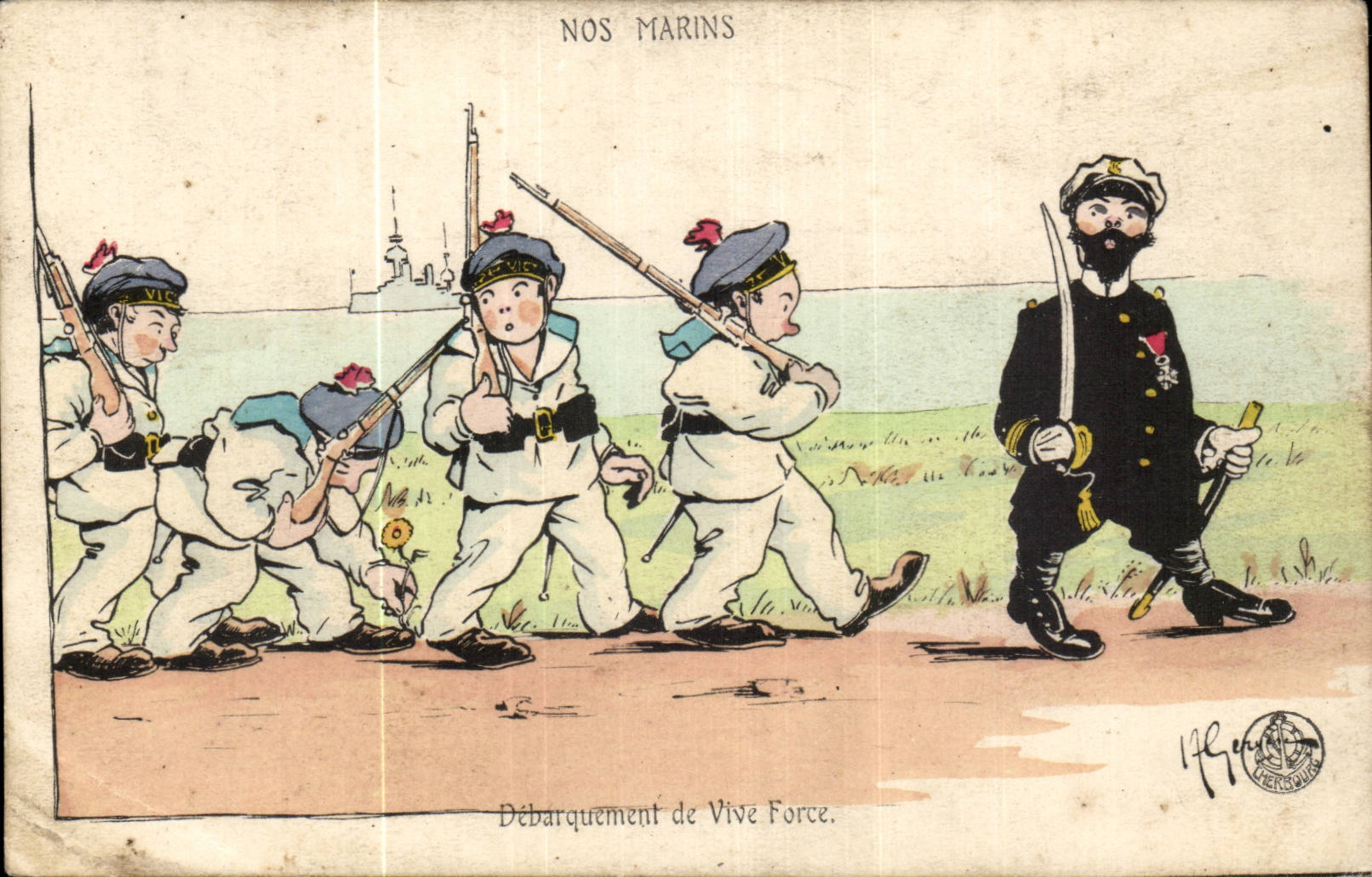 Nos Marins -Fantaisie-Humour-Bateau- Debarquement de Vive Force-CPA Illustrateur Gervese