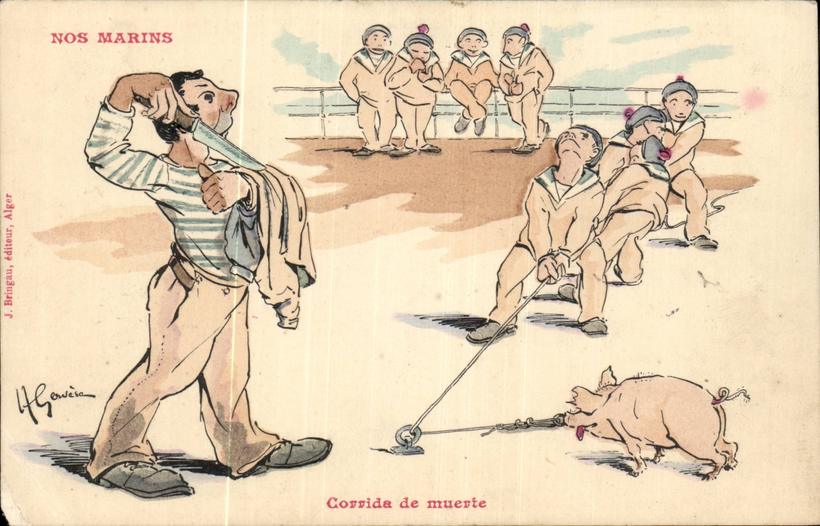 Nos Marins -Fantaisie-Humour-Bateau- Corrida de muerte -CPA Illustrateur Gervese Cochon Pig