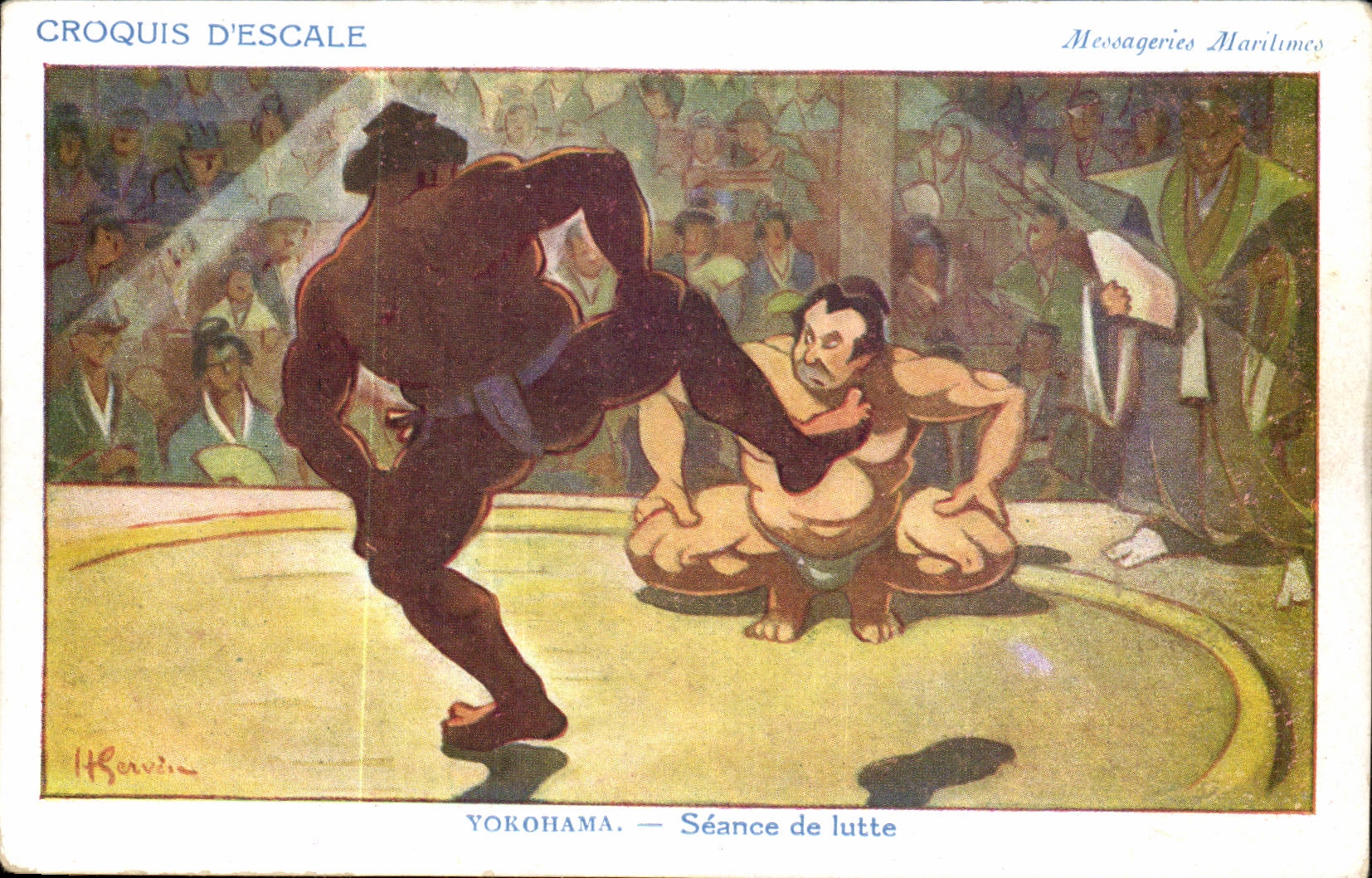 Croquis D'Escale-Fantaisie-- Japan-Japon- Seance de lutte-Sumo- Messagerie Maritimes -CPA Yokohama Illustrateur Gerves