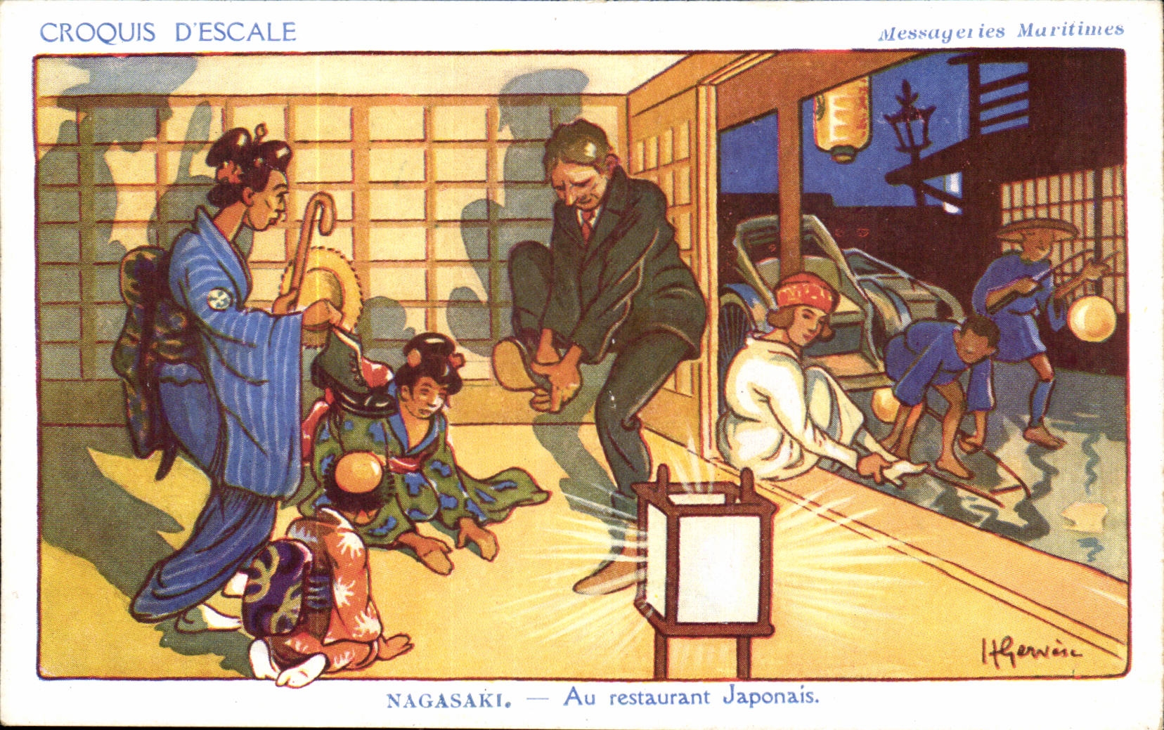 Croquis D'Escale-Fantaisie- Japan-Japon-Nagasaki Au restaurant Japonaise- Messagerie Maritimes -CPA Illustrateur Gerve