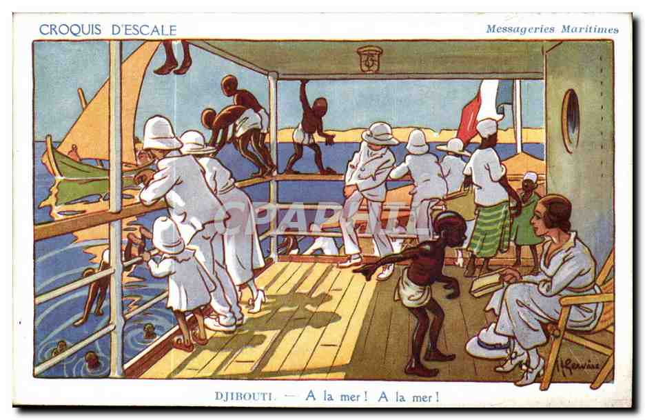 Croquis D'Escale- Fantaisie- Bateau- Illustration Africa-Afrique- A la mer! A la mer! Messagerie Maritimes Djibouti 