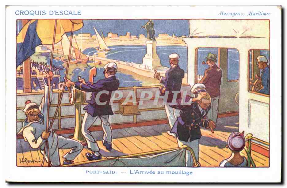 Croquis D'Escale- Fantaisie--Illustration -Bateau-- L'Arrivee au mouillage Messagerie Maritimes Port Said Egypte