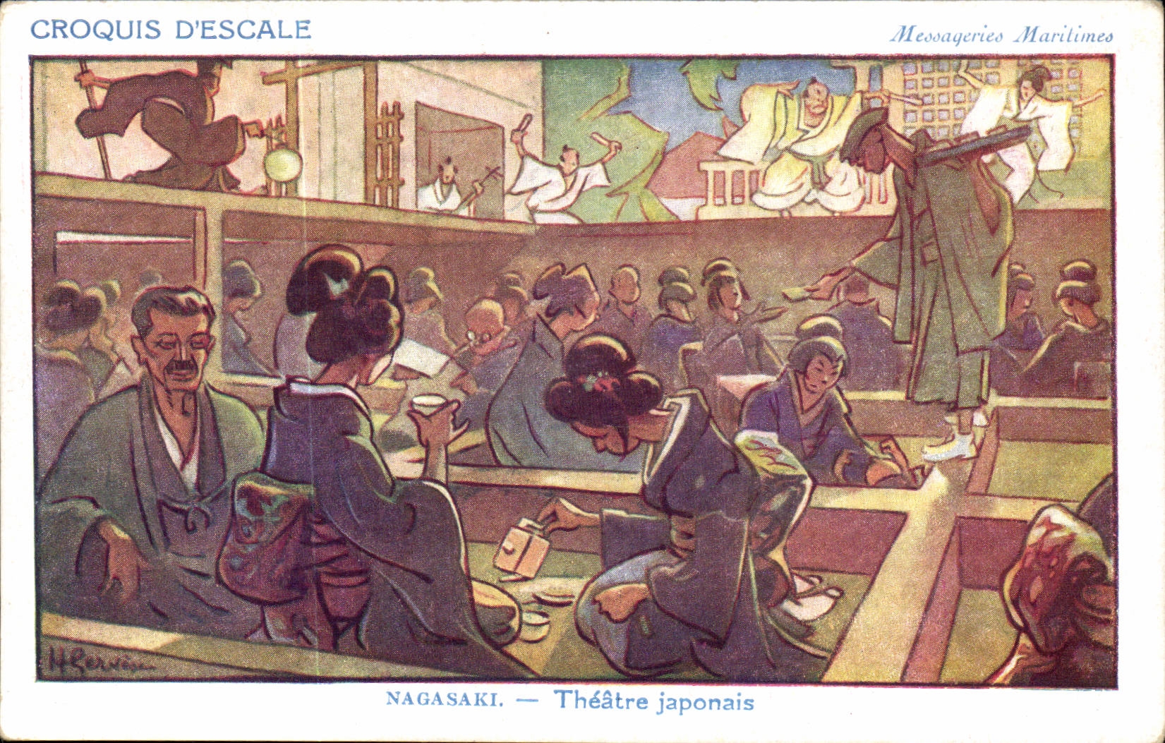 Croquis D'Escale- Fantaisie--Illustration - Japan-Japon-Nagasaki- Theatre Japonais Messagerie Maritimes Illustrateur 