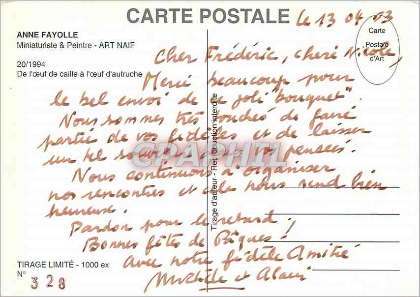 CPM Anne Fayolle Miniaturiste Peintre Art Naif — Rückseite