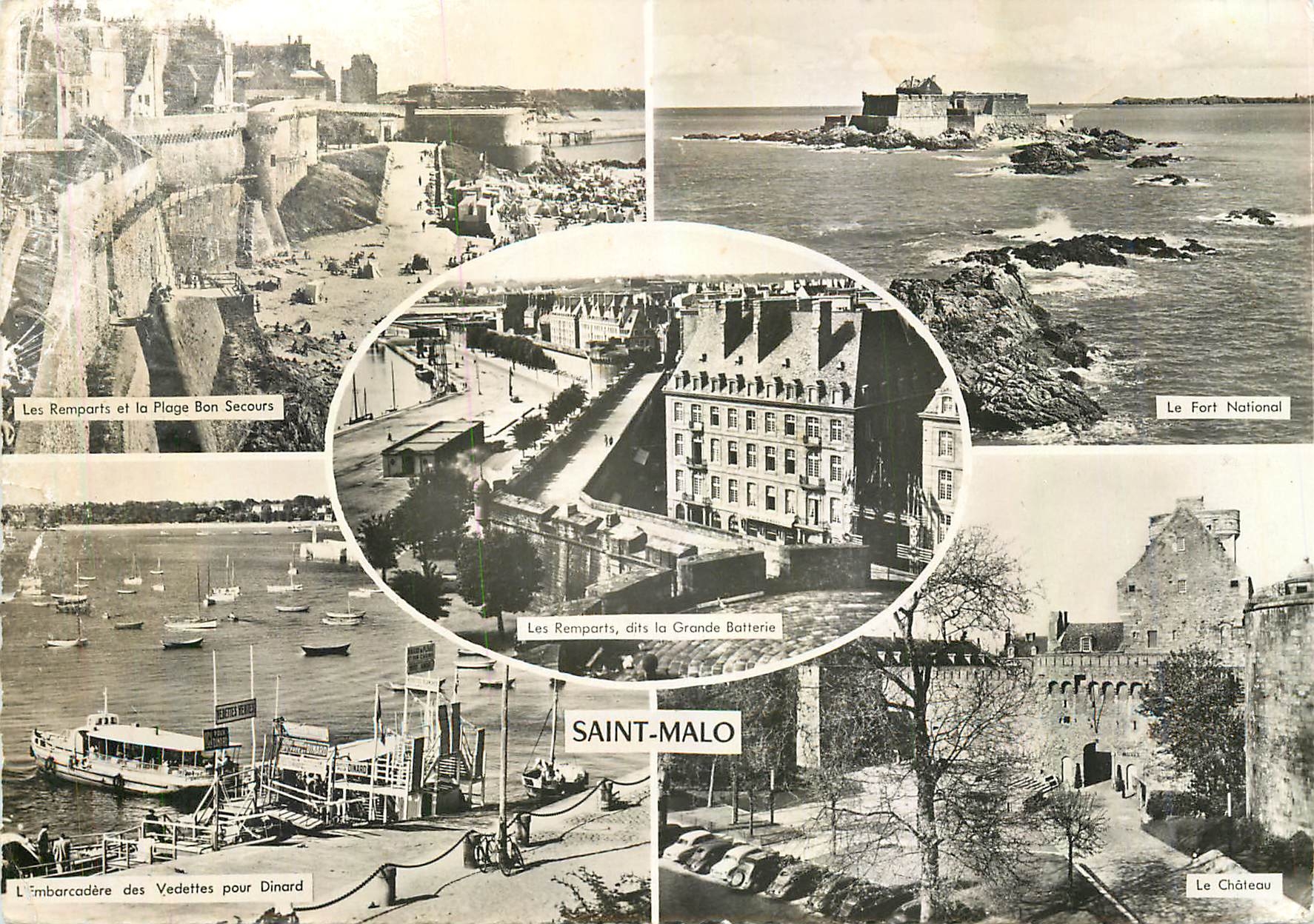 Saint-Malo — Les Remparts, la Plage Bon Secours, le Fort National, la Grande Batterie, l'Embarcadère pour Dinard et le Château — éditeur non visible