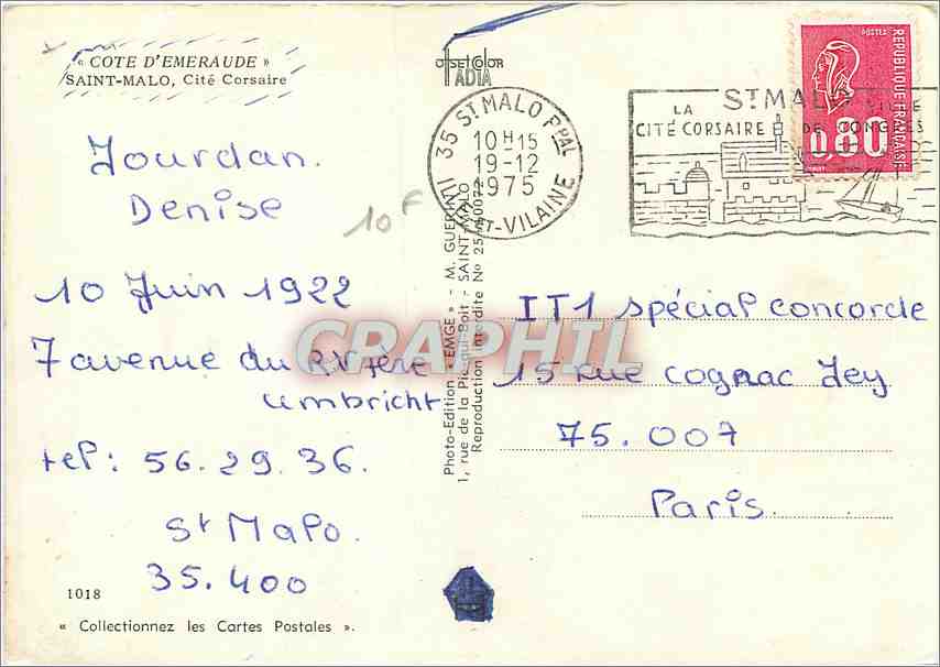 CPM Cote d'Emeraude Cite Corsaire Saint Malo — Verso