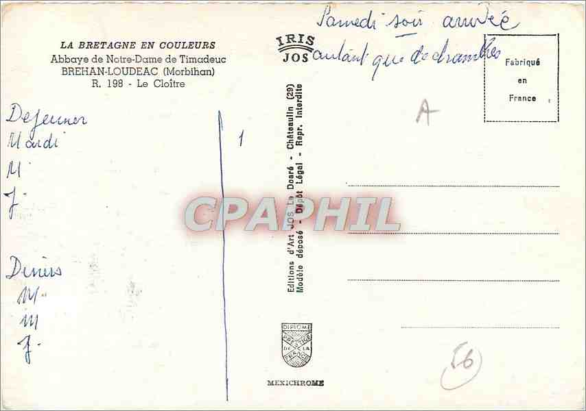 CPM Couleurs de Bretagne Abbaye de N D de Timadeuc Brehan Loudeac (Morbihan) — Rückseite