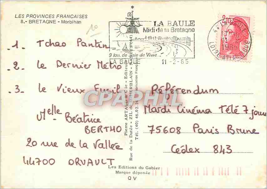 CPM Les Provinces Francaises Bretagne Morbihan — Rückseite