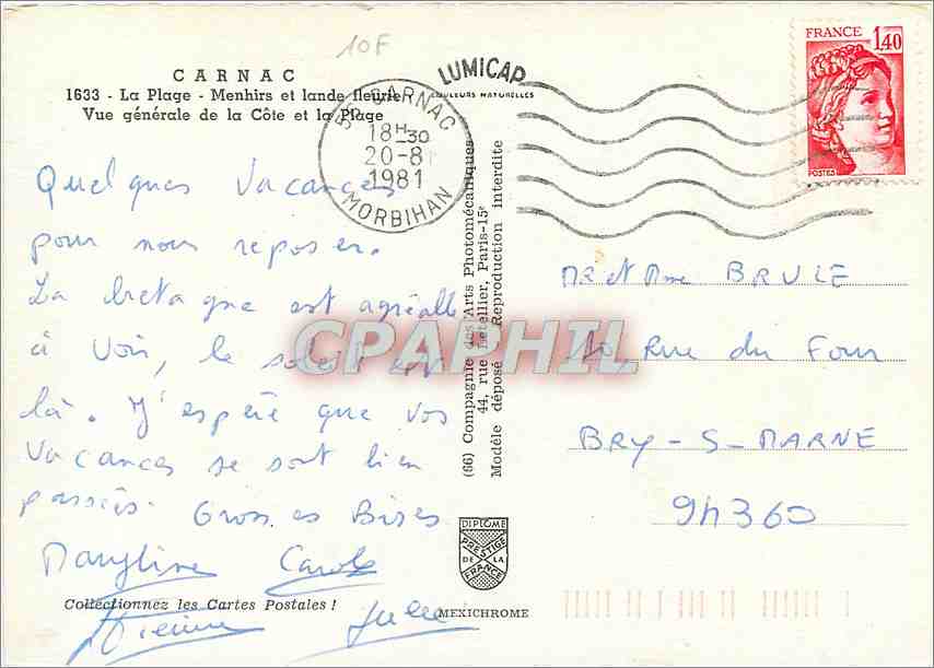 CPM Carnac La plage Menhirs et lande Fleurie vue generale de la cote et la Plage — Rückseite