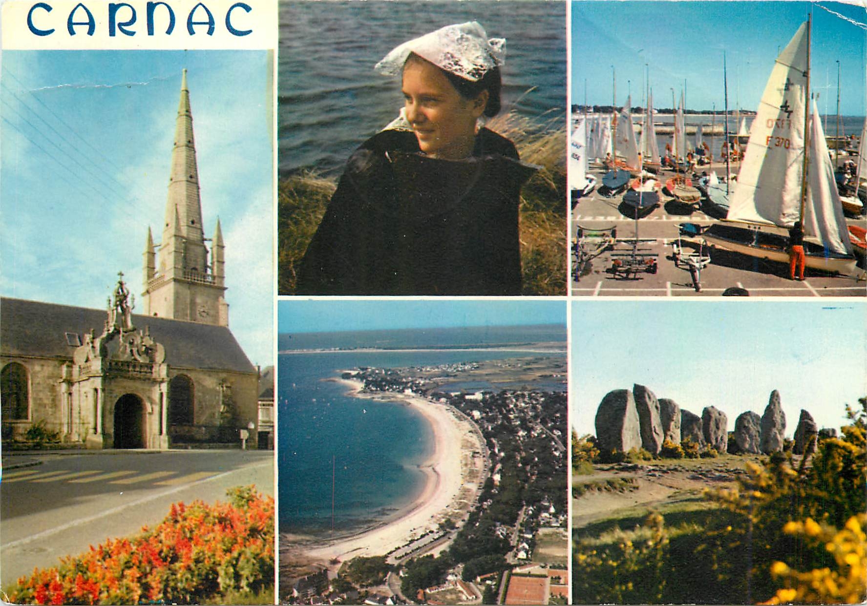 CPM Carnac L'Eglise la coiffe de Carnac Auray Le centre nautique la plage et les menhirs de Kermarli