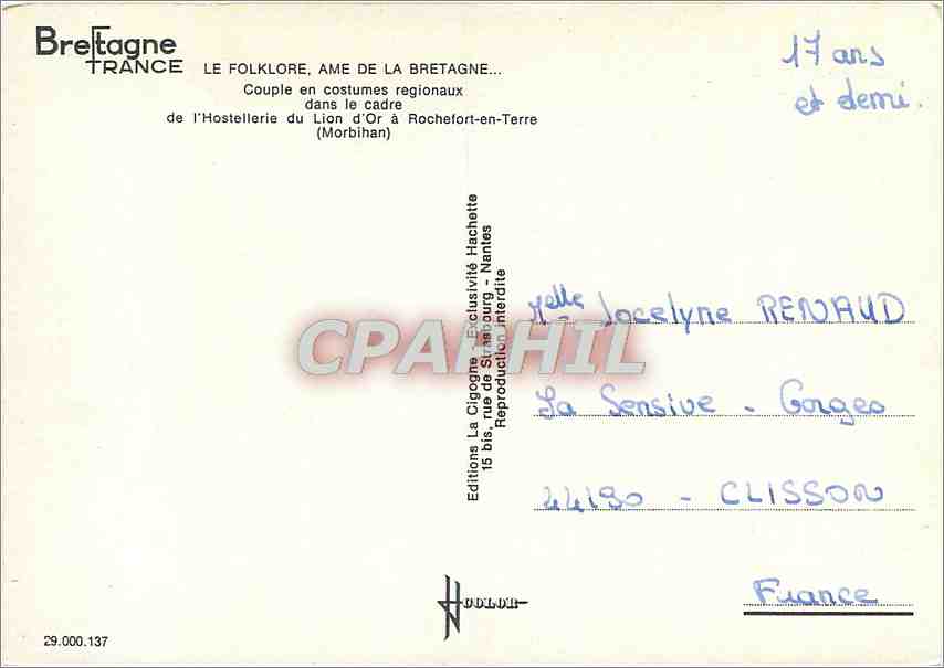 CPM Le Foklore Ame de la Bretagne couple en costumes regionaux dans le Cadre de l'Hostelleire du lio — Rückseite