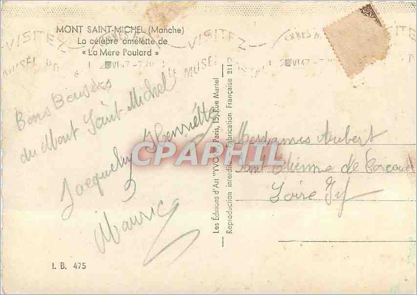 Mont Saint-Michel (Manche) — La célèbre omelette de « La Mère Poulard » — Les Éditions d'Art 'Vivon' n° 475 — Verso