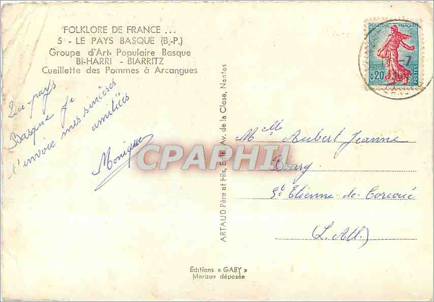 CPM Le Pays Basque (B-P) Groupe d'Art Populaire Basque Cueillette des Pommes a Arcangues — Verso