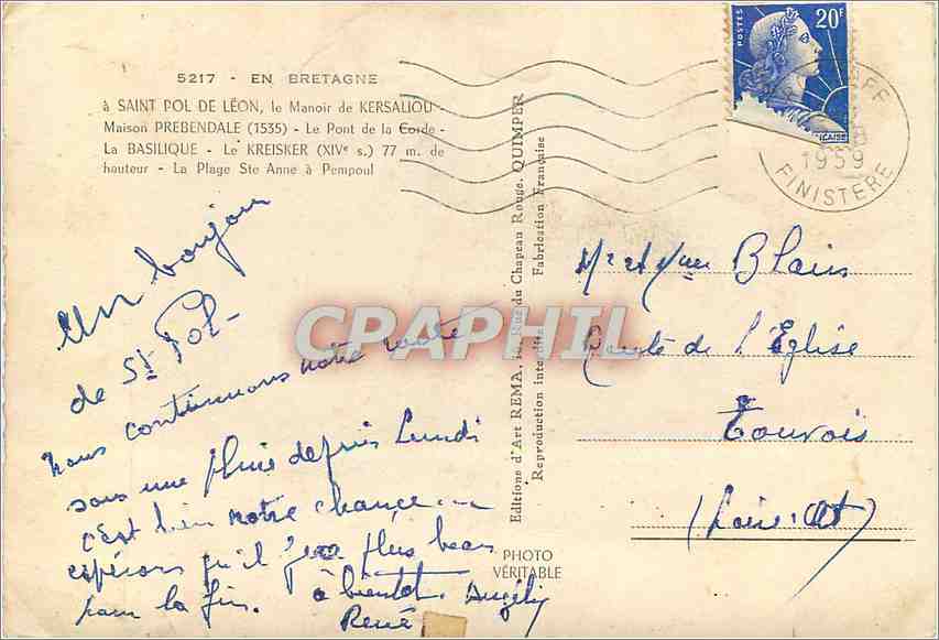 CPM Bretagne Saint Pol de Leon La Manoir de Kersaliou — Rückseite