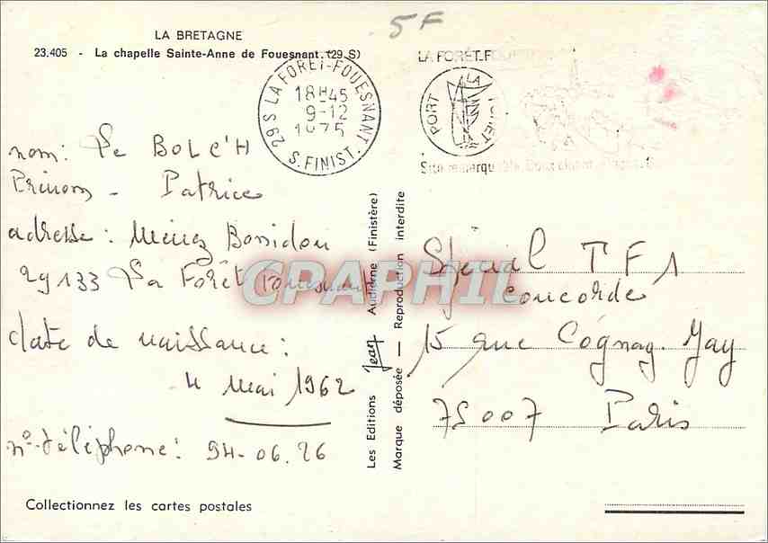 CPM Bretagne La chapelle Sainte Anne de Fouesnant — Rückseite