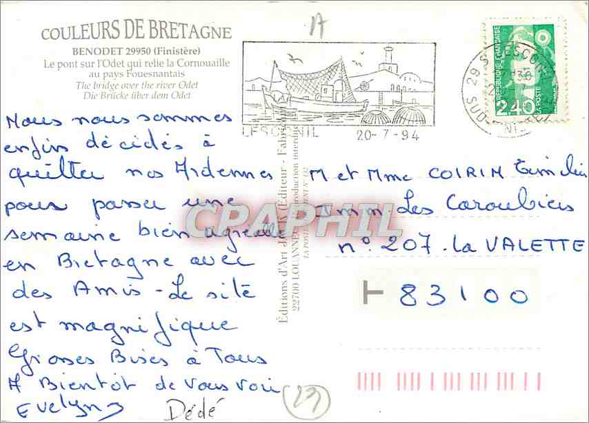 CPM Bretagne Benodet (Finistere) Le pont sur l'Odet — Rückseite