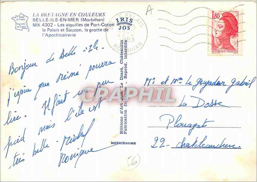 Belle-Île-en-Mer — La Bien-nommée — Éditions d'Art JOS, Morbihan — Verso