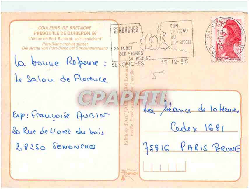 CPM Bretagne presqu'ile de Quiberon L'arche de Port Blanc au soleil couchant — Back