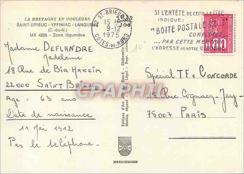 CPM Bretagne Saint Brieuc Yffiniac Langue (C du N) Zone legumiere — Verso